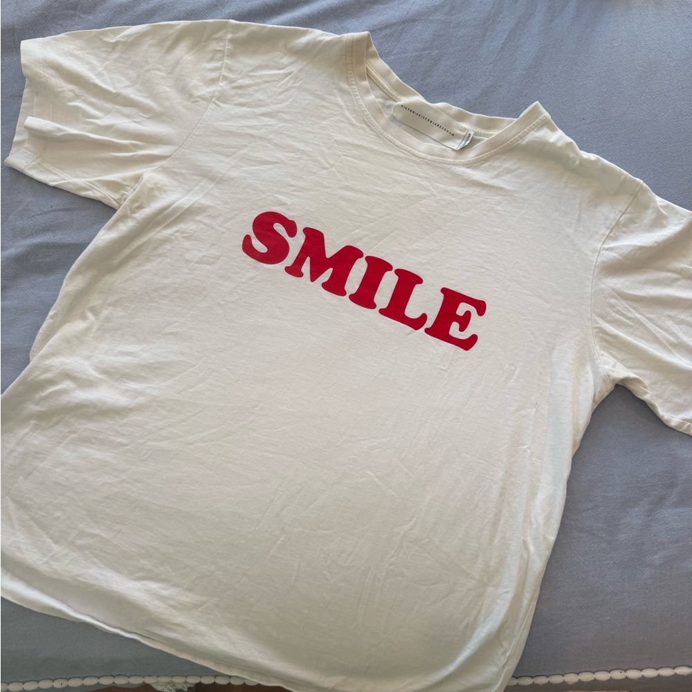 Victoria Beckham Cream Short-Sleeve Tee with SMILE logo